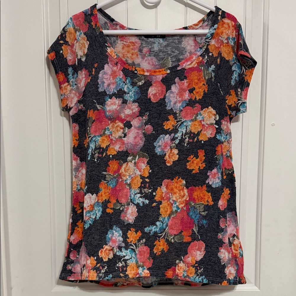 Papermoon Black Short Sleeve Scoop Neck Top with Pink & Orange Floral Print